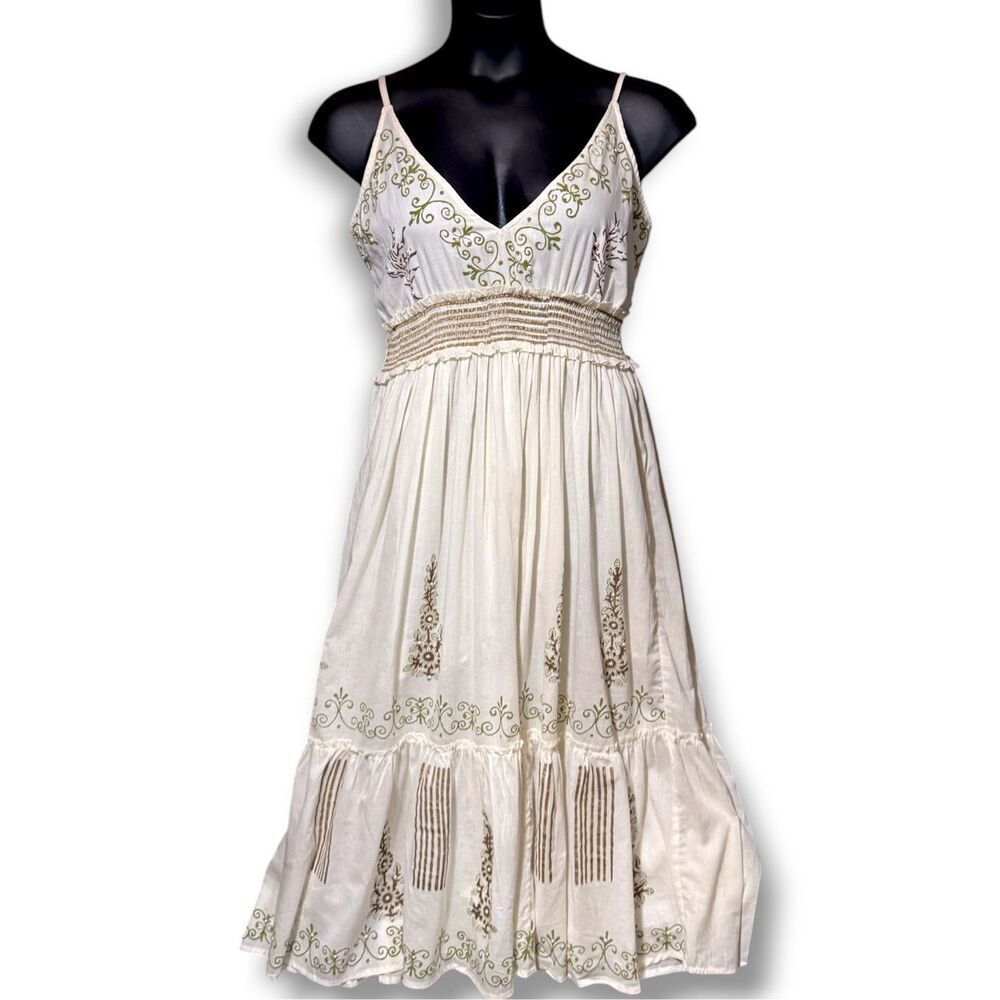 POLโBoho Embroidered Smocked Waist Midi Dress Cream Cottagecore Cami Dress NEW - Picture 11 of 16
